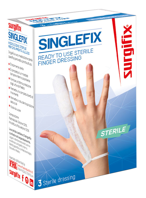 MEDICAZIONE STERILE PER DITO SINGLEFIX, COSTITUITA DA UNA GUAINA IN COTONE E DA UN'IMBOTTITURA INTERNA ASSORBENTE. SI APPLICA DIRETTAMENTE SULLA FERITA E SI FISSA AL POLSO - Farmacia Mortise