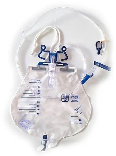 SACCA DRENAGGIO URINARIO A CIRCUITO CHIUSO CAPACITA' 2000ML CON CAMERA DI GOCCIOLAMENTO DOPPIO FILTRO ARIA FASCETTA CON PER FISSAGGIO AL LETTO STRIGITUBO E FERMATUBO AL LENZUOLO - Farmacia Mortise