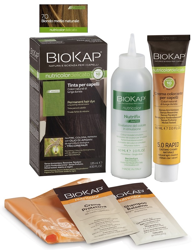 BIOS LINE  BIOKAP NUTRICOLOR DELICATO RAPID TINTA 7,0 BIONDO MEDIO NATURALE 135 ML - Farmacia Mortise
