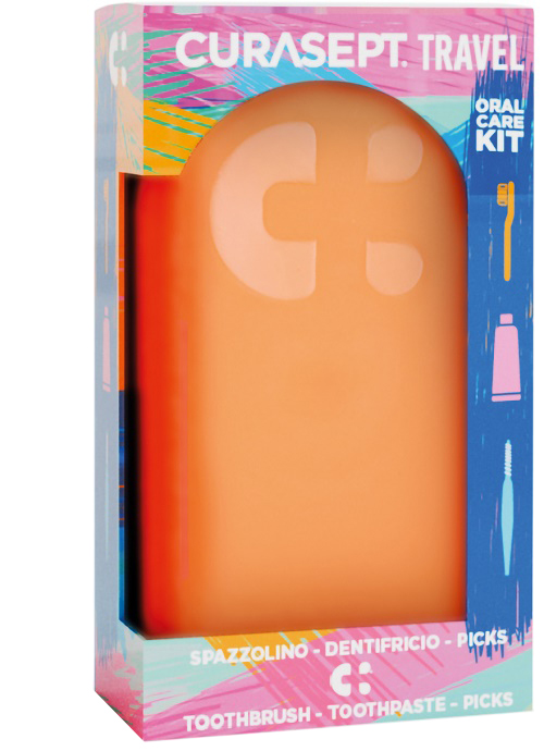 CURASEPT TRAVEL ARANCIO 1 SPAZZOLINO + 1 DENTIFRICIO 20 ML + 3 PICKS - Farmacia Mortise