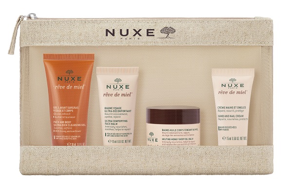 NUXE TROUSSE VOYAGE REVE DE MIEL 2026 FACE AND BODY ULTRA RICH CLEANSING GEL 30 ML + ULTRA COMFORTING FACE BALM 15 ML + MELTING HONEY BODY OIL BALM 30 ML + HAND AND NAIL CREAM 15ML - Farmacia Mortise