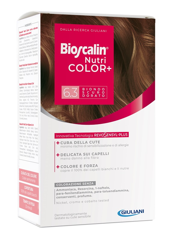 BIOSCALIN NUTRICOLOR PLUS 6,3 BIONDO SCURO DORATO CREMA COLORANTE 40 ML + RIVELATORE CREMA 60 ML + SHAMPOO 12 ML + TRATTAMENTO FINALE BALSAMO 12 ML - Farmacia Mortise