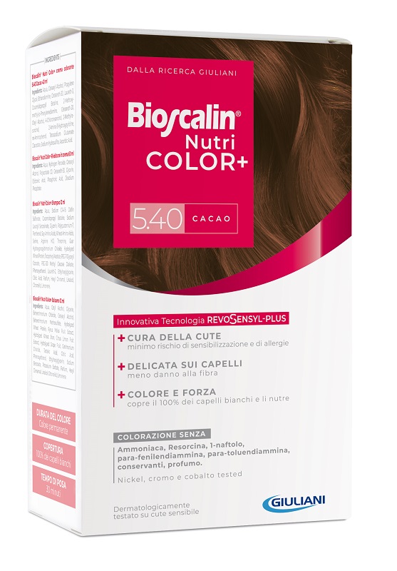 BIOSCALIN NUTRICOLOR PLUS 5,40 CACAO CREMA COLORANTE 40 ML + RIVELATORE CREMA 60 ML + SHAMPOO 12 ML + TRATTAMENTO FINALE BALSAMO 12 ML - Farmacia Mortise