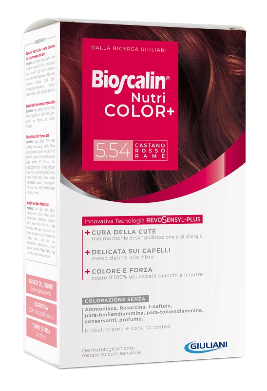 BIOSCALIN NUTRICOLOR PLUS 5,54 CASTANO ROSSO RAME CREMA COLORANTE 40 ML + RIVELATORE CREMA 60 ML + SHAMPOO 12 ML + TRATTAMENTO FINALE BALSAMO 12 ML - Farmacia Mortise