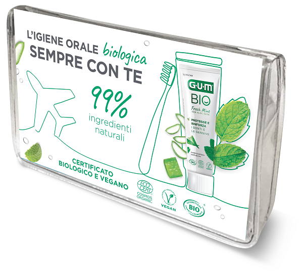 GUM TRAVEL KIT BIO 1 SPAZZOLINO + 1 DENTIFRICIO +  1 SCOVOLINO INTERDENTALE - Farmacia Mortise